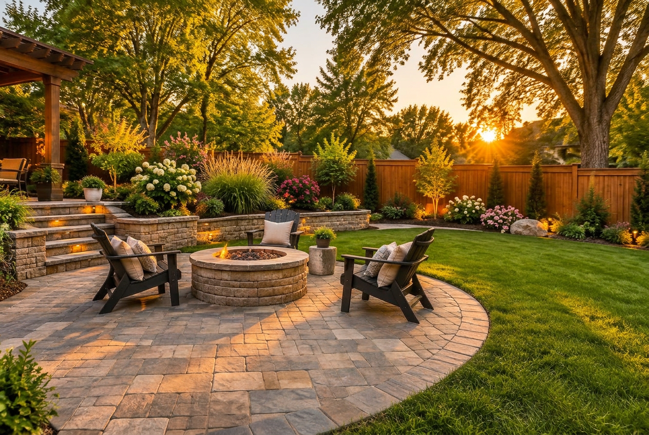 A completed backyard landscape at sunset with a circular stone paver patio, fire pit, lush green lawn, raised planting beds, and a cedar fence