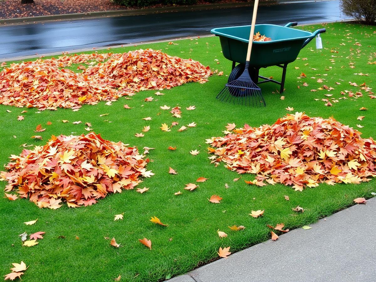 Raked piles of orange maple leaves on a green lawn beside a wheelbarrow and leaf rake