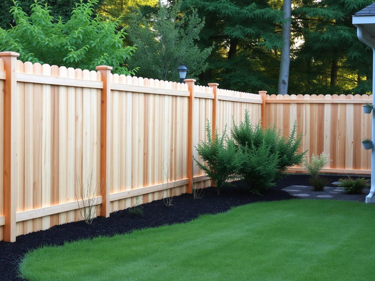 New cedar privacy fence running along the edge of a green backyard lawn