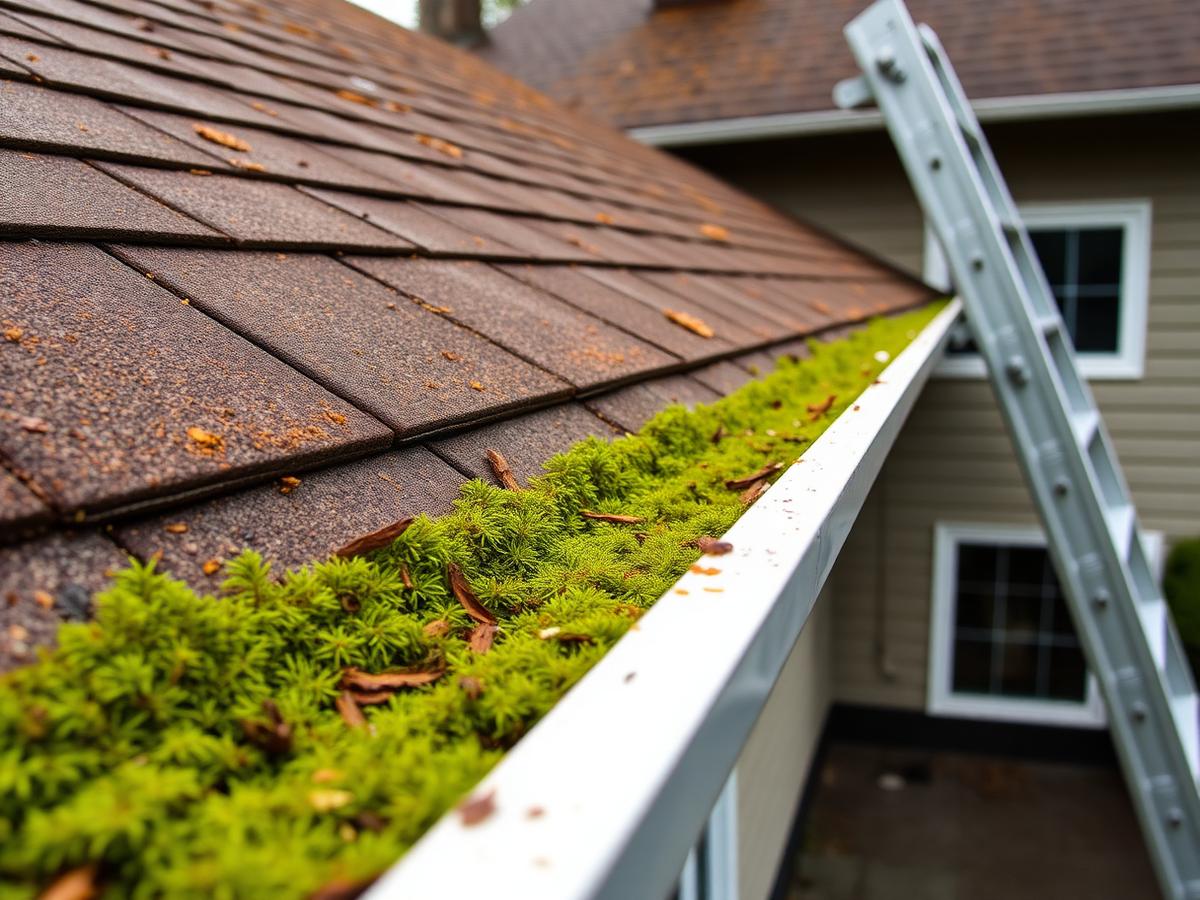 Roof edge and gutter with moss and fir needles being cleared, ladder leaning against the house