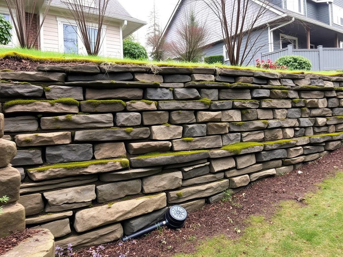 Tiered stacked stone retaining wall with moss between courses holding a planted slope above a lawn