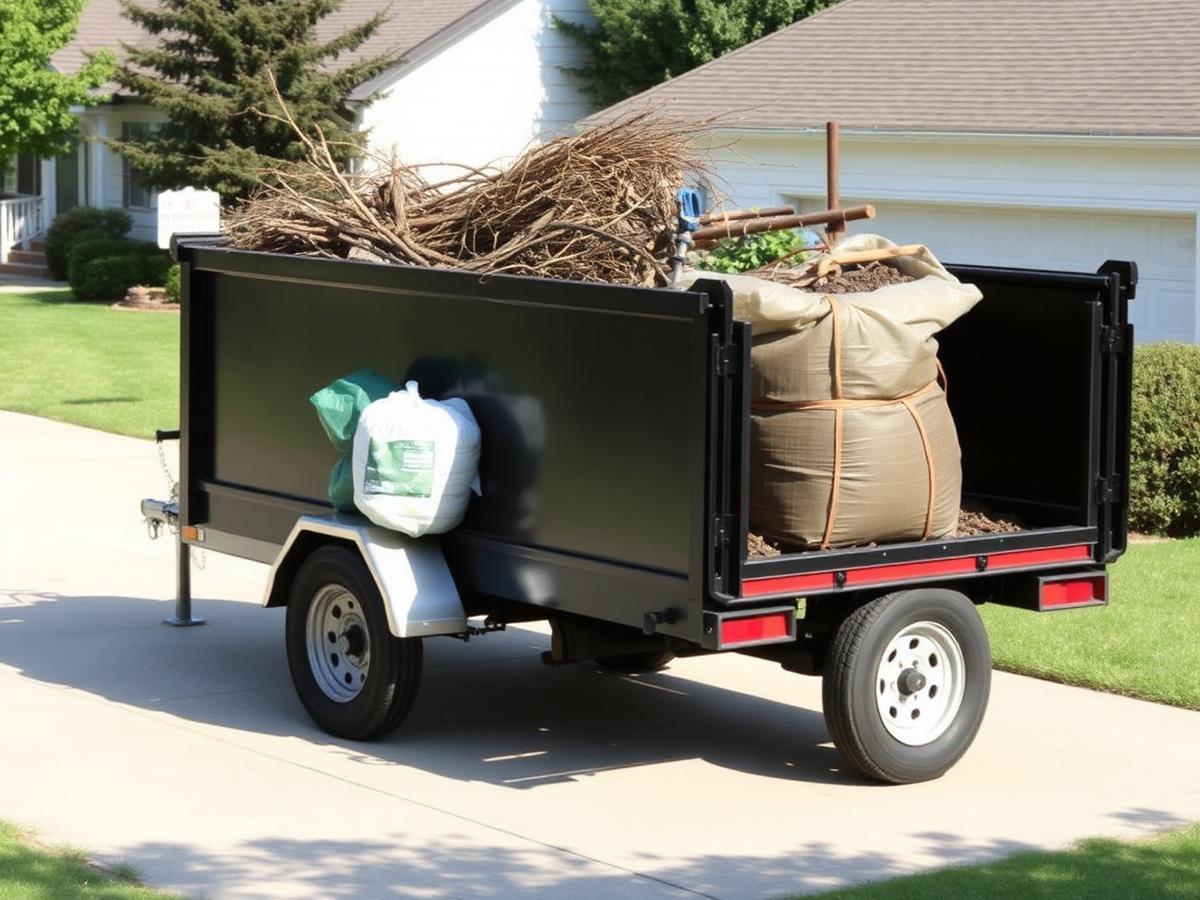 Dump trailer loaded with branches and bagged yard debris parked in a residential driveway