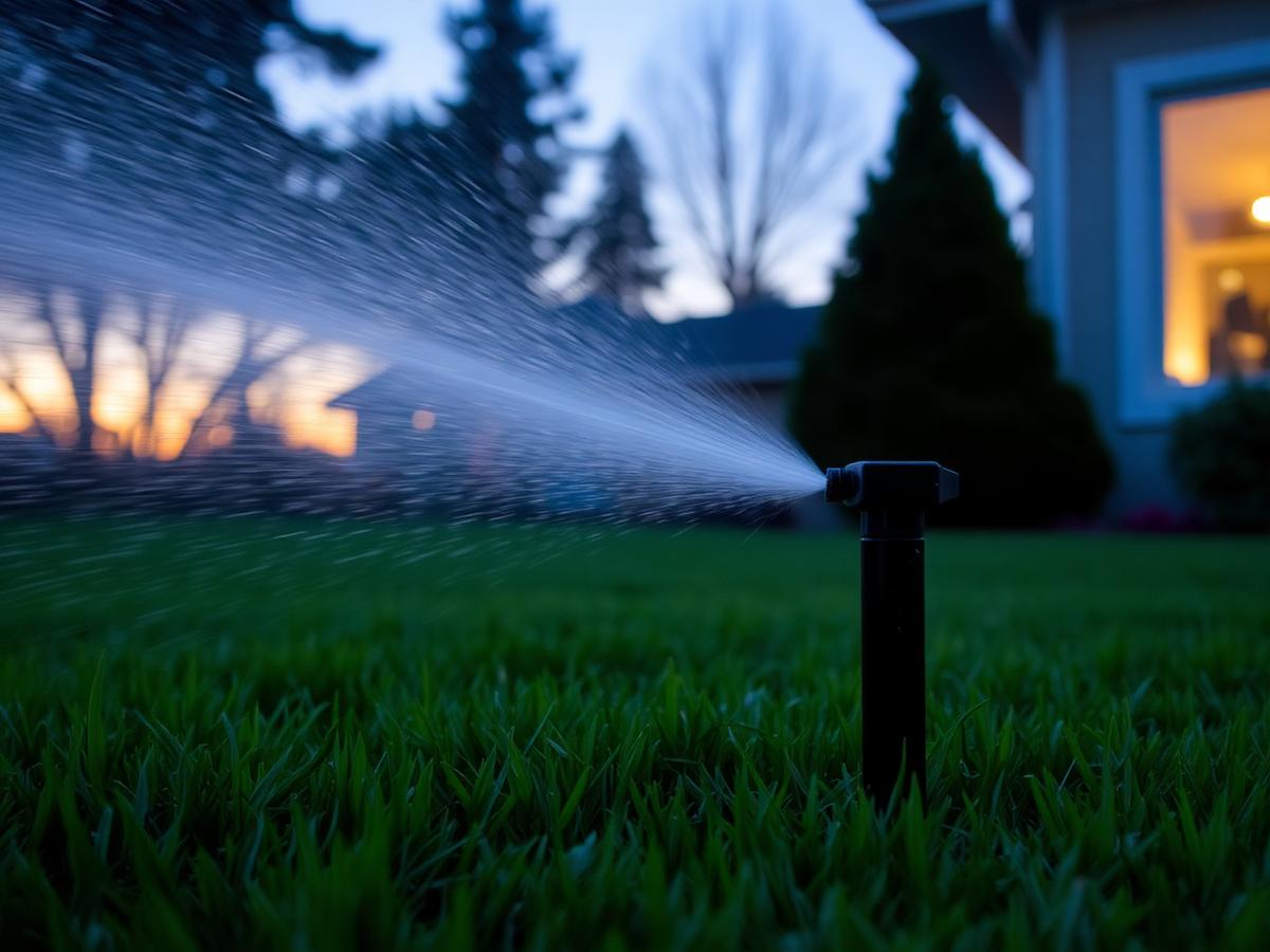 Pop-up sprinkler head spraying a fine arc of water across a dark green lawn at dusk