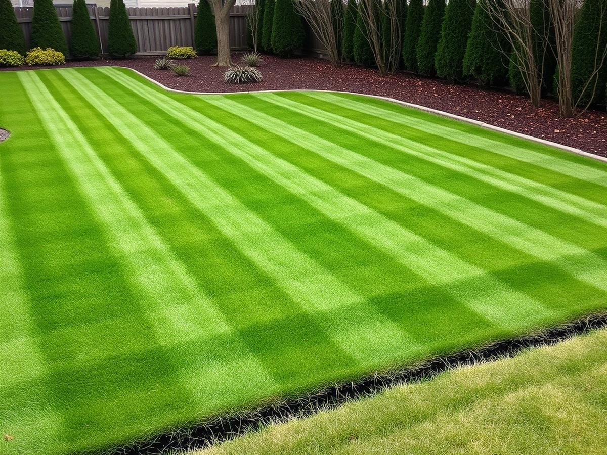 Freshly mowed lawn with mowing stripes and a crisp edge along a dark bark planting bed