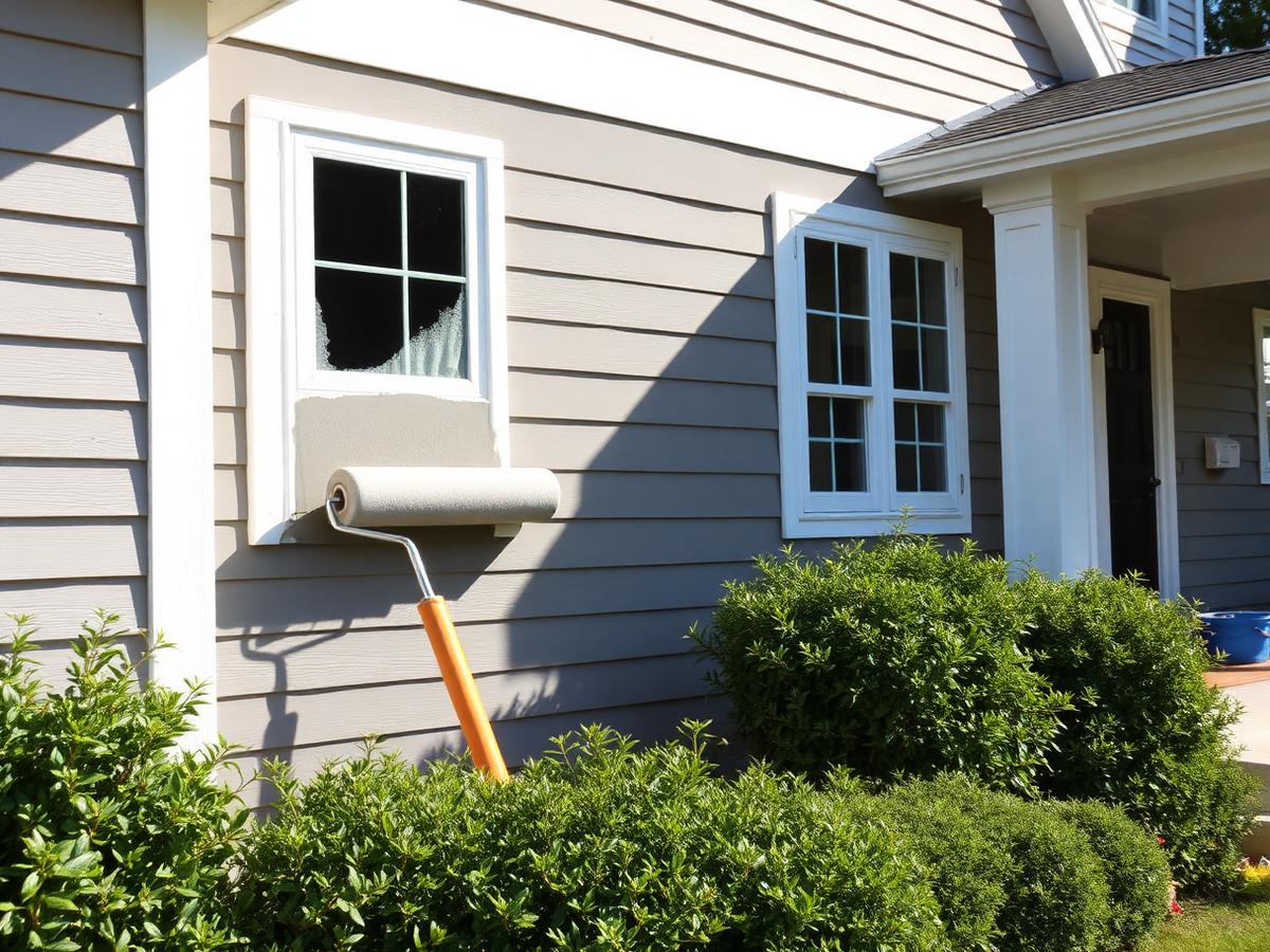 Roller applying fresh warm gray paint to exterior house siding beside crisp white window trim
