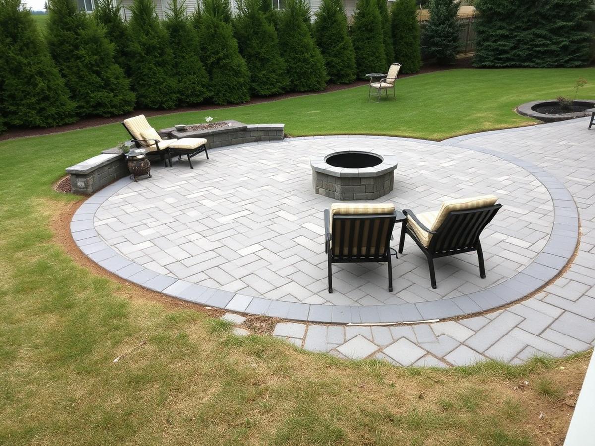 Circular gray paver patio with a stone fire pit and patio chairs surrounded by lawn and arborvitae