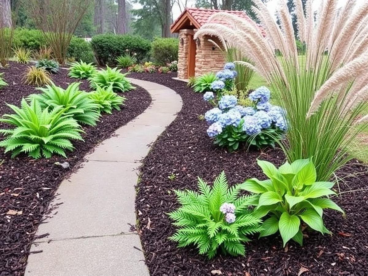 Freshly barked planting bed with hostas, ferns, blue hydrangeas, and ornamental grasses along a path