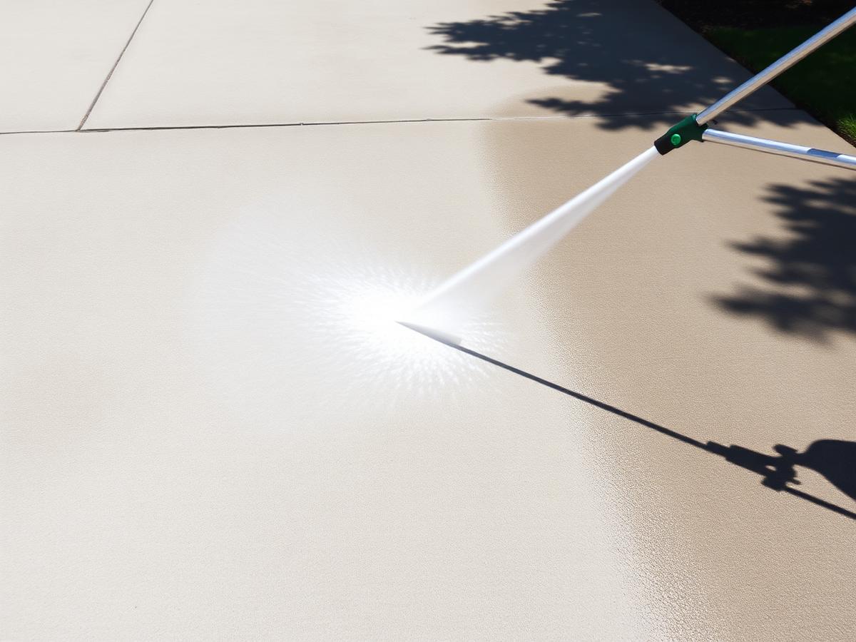 Pressure washer wand cleaning a bright stripe across a dirty gray concrete driveway