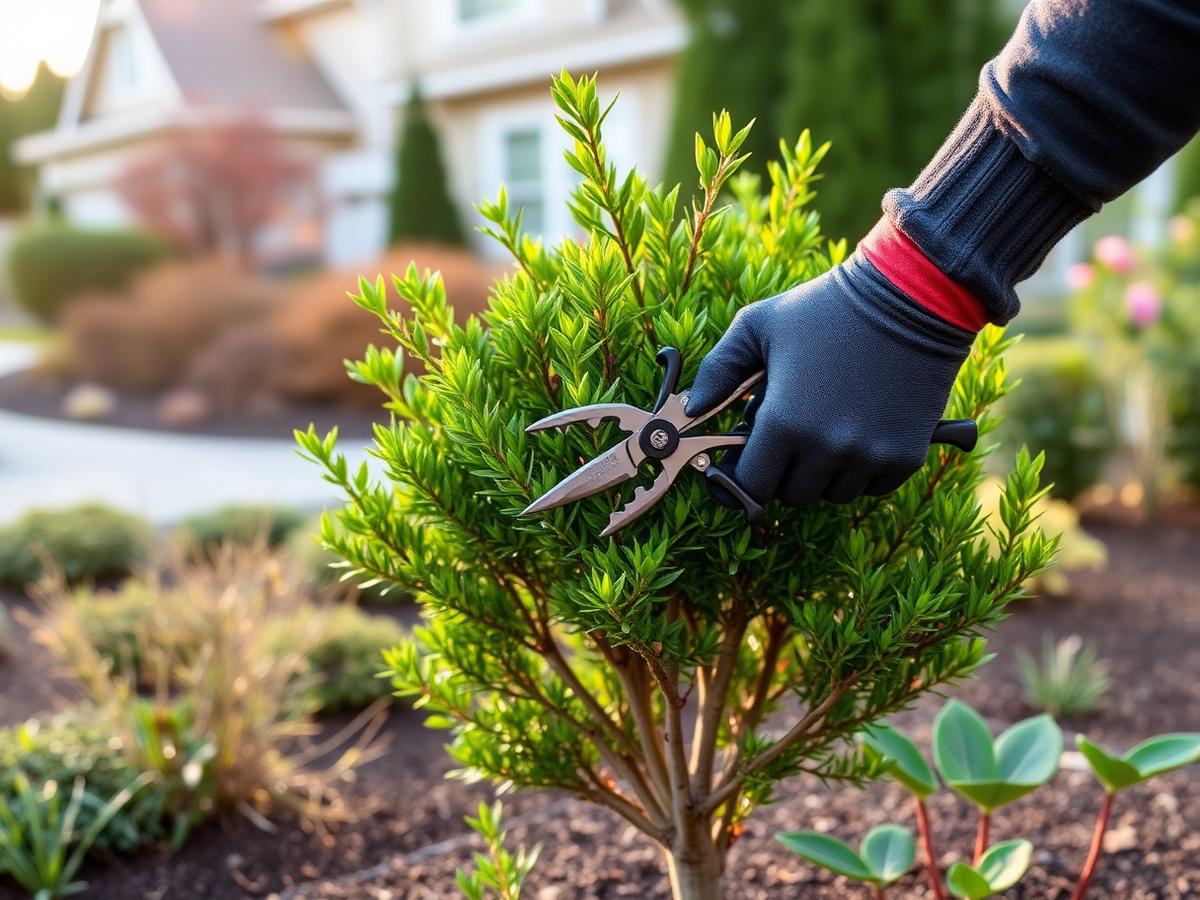 Gloved hands using bypass pruners to shape a bright green ornamental shrub in a landscaped bed