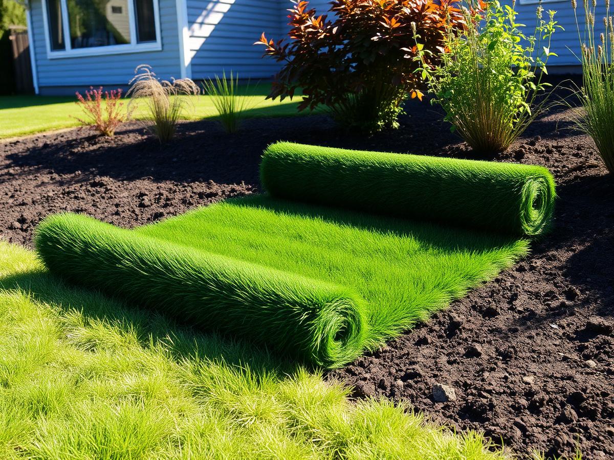 Rolls of fresh green sod being unrolled over dark prepared soil in a residential Olympia yard