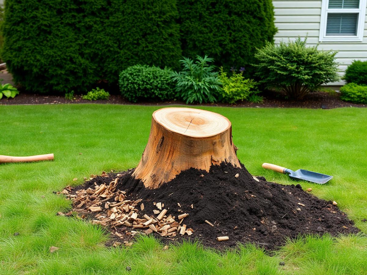 Cut tree stump surrounded by fresh wood chips and dark soil in a green residential lawn