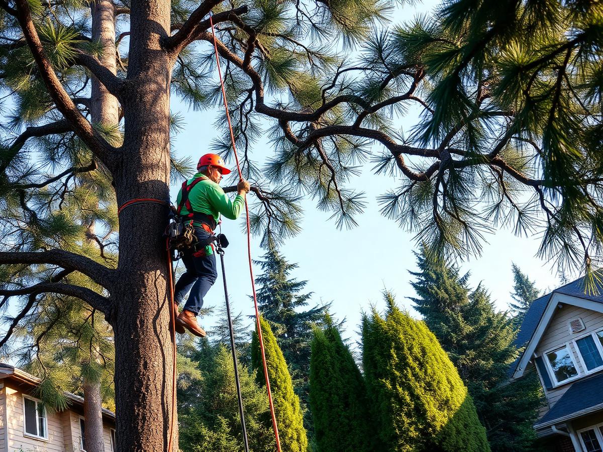 Climber in safety gear roped high in a tall evergreen removing limbs above a residential yard
