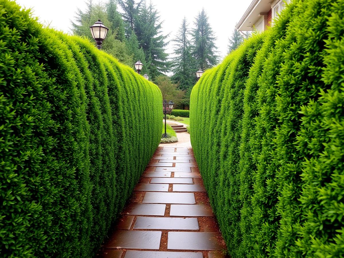 Tall trimmed green hedges and shaped trees framing a wet stone walkway toward a garden lamp